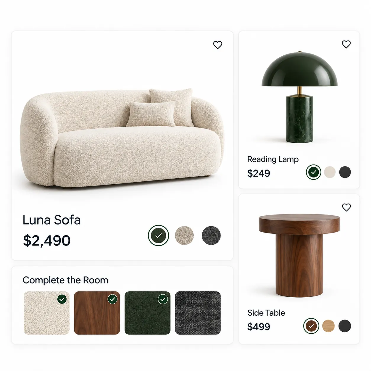 Furniture products with room, style and budget guidance